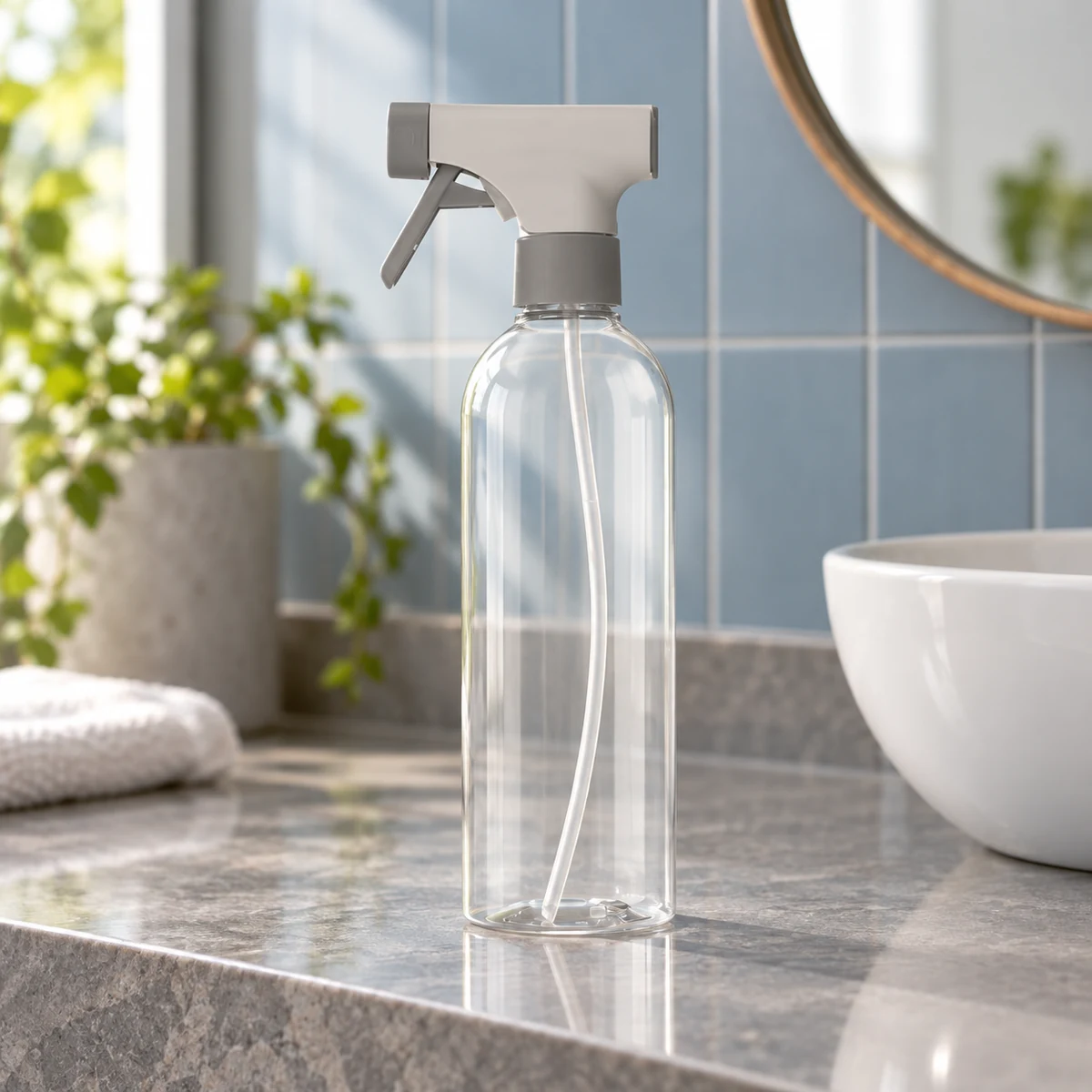 Borrifador Flow 500ml em bancada de banheiro com revestimento azul