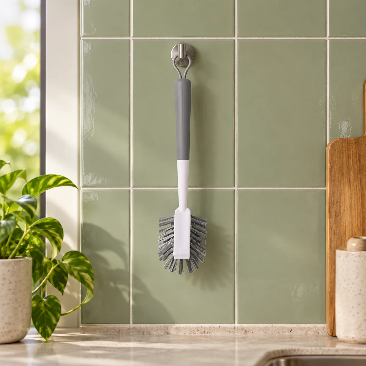 Escova multiuso pendurada pelo laço em gancho na parede da cozinha